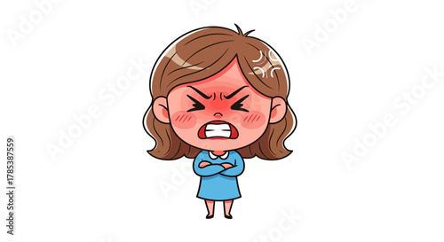 Furious little girl expressing anger with crossed arms and determined cartoon representation
