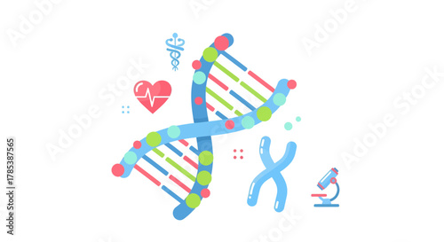 Genetic exploration: A bright depiction of DNA, chromosomes, and health monitoring equipment