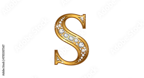 Gleaming golden letter S adorned with sparkling gems on a pristine background