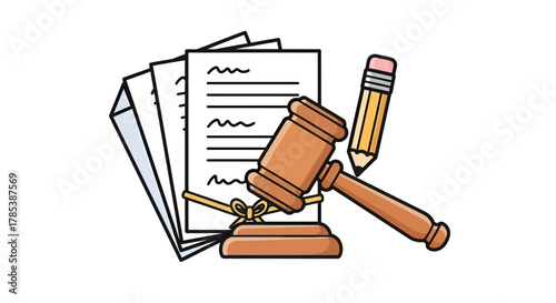 Gavel, pencil, and documents representing legal paperwork and judicial process