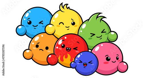 Group of cheerful colorful cartoon characters with round shapes and playful expressions