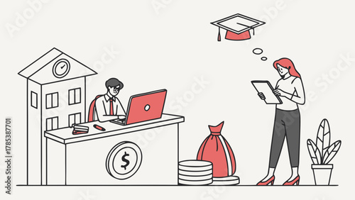 Illustration of a woman thinking about graduation while a man works on finances at a desk with money