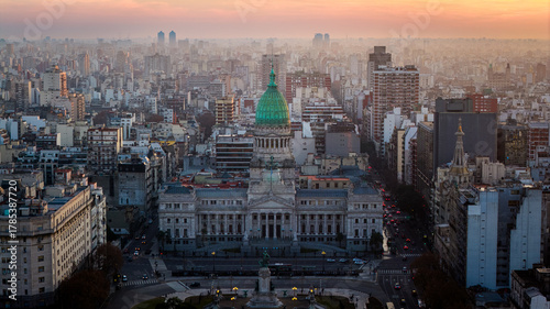 Breathtaking sunset over National Congress building with green dome, Buenos Aires, Argentina.

