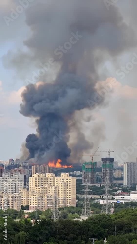 Urban fire with black smoke and orange flames. Cityscape with industrial fire and construction cranes. Emergency scene with burning building and power lines.
