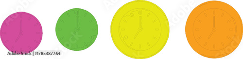 The image features four outline clocks in a horizontal arrangement, each distinguished by its unique color: pink, green, yellow, and light blue.