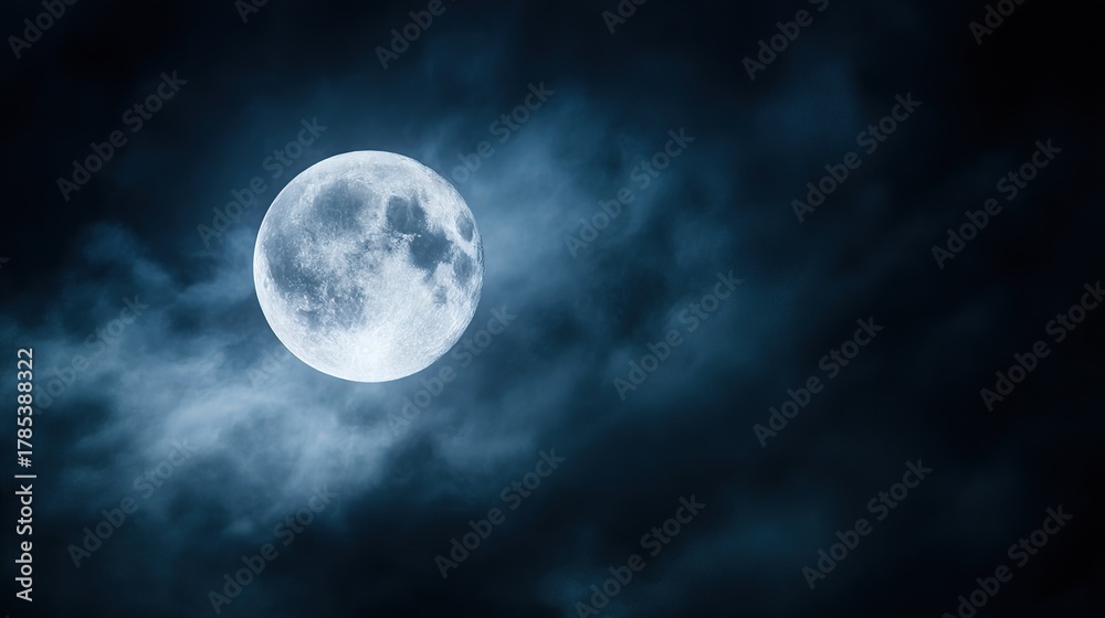 Fototapeta premium Dramatic full moon in clear night sky, high-telephoto detail showing crater texture and maria