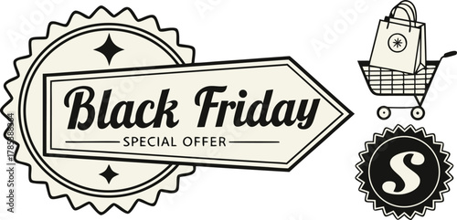 Black Friday Deal Emblem: A stylish emblem of the iconic Black Friday sales event, with text SPECIAL OFFER and related shopping icons representing the excitement and great savings.