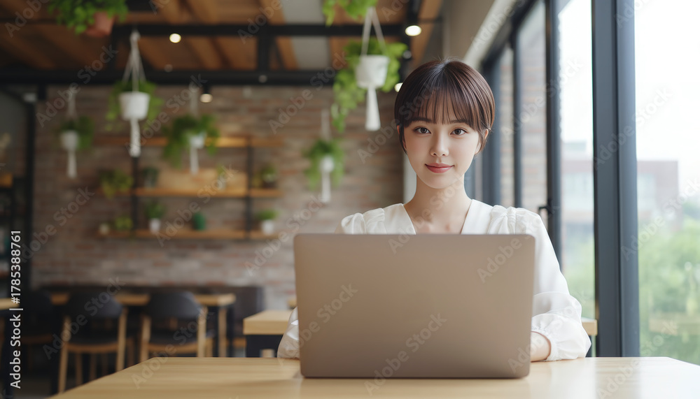 Fototapeta premium カフェでノートPCと向き合うショートヘアの女性 コピースペース