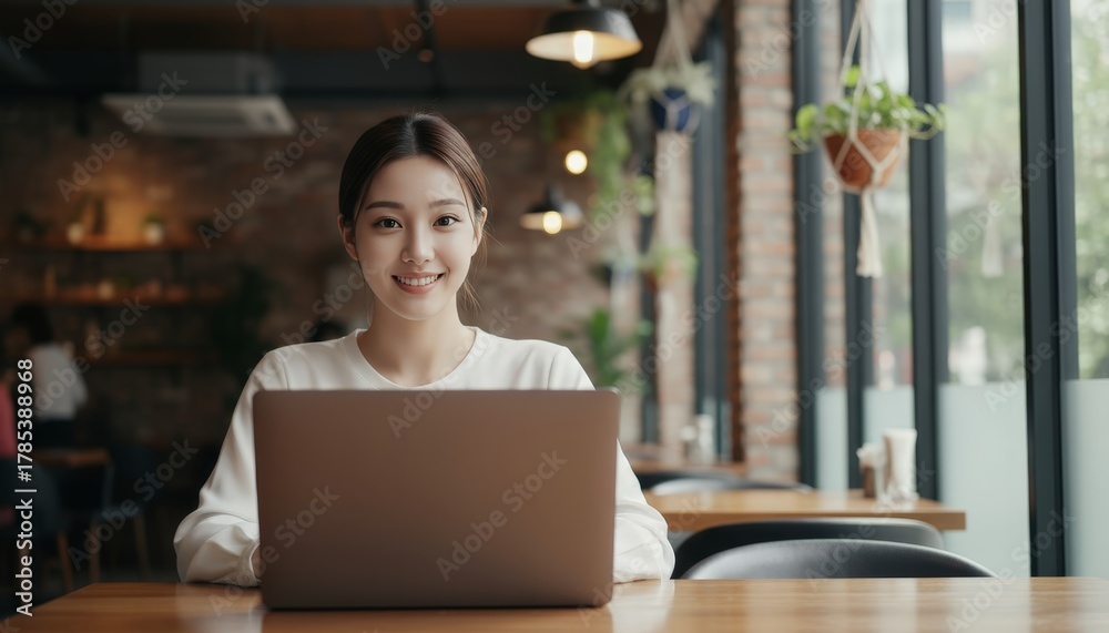 Fototapeta premium カフェで正面から微笑むPCとアップヘアの女性