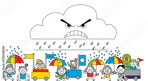 Happy children with colorful umbrellas enjoying a parade under an angry raining cloud, cartoon illustration.