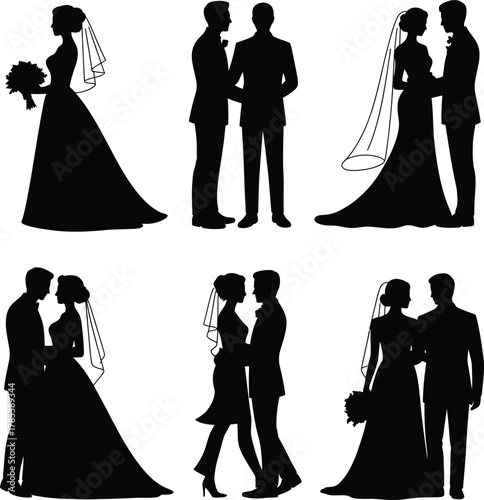 Wedding couple silhouettes bride groom