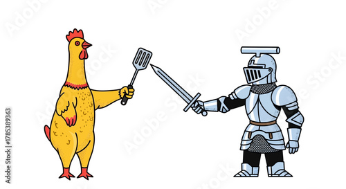 A rubber chicken wielding a spatula in a comical standoff with a knight in shining armor holding a sword.