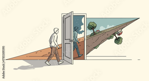 A person walks through a doorway into a different reality, transitioning from a flat landscape to a vibrant, hilly world with a skateboard and changing skies.