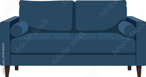 Modern deep blue sofa with plush cushions and elegant tapered legs adds sophisticated comfort to any contemporary living space.