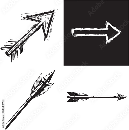 Set of Four Hand-Drawn Grunge Arrows with Rustic Sketchy Style