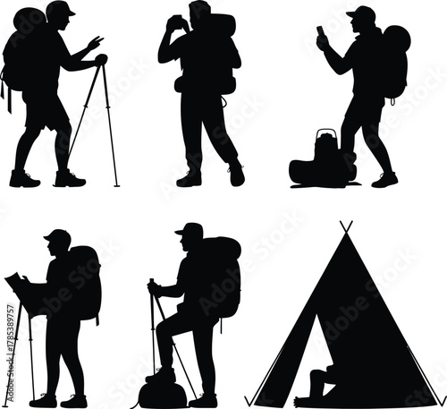 Hikers with backpacks and gear trekking poles camera