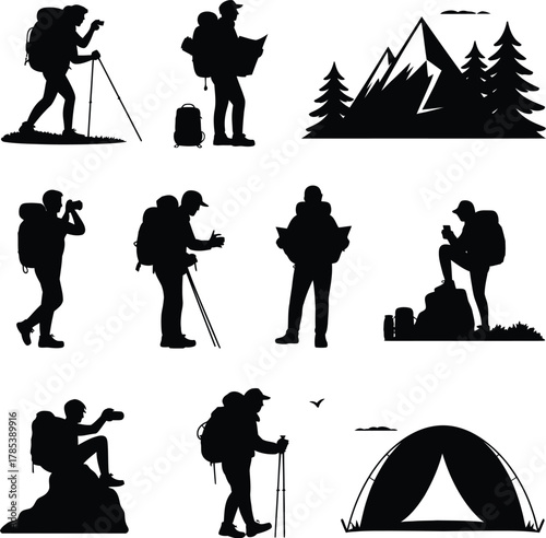 Hikers with backpacks and camping gear trekking poles