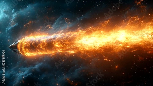 Fiery comet streaking through a cosmic nebula