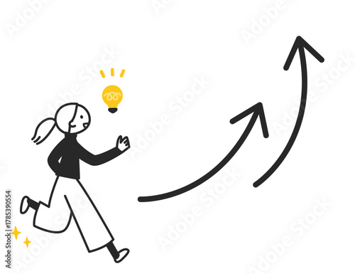 ひらめく女性と上向き矢印　成長・ステップアップ・加速のイメージ