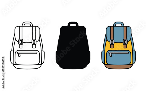 Three backpack styles outline silhouette and color illustration