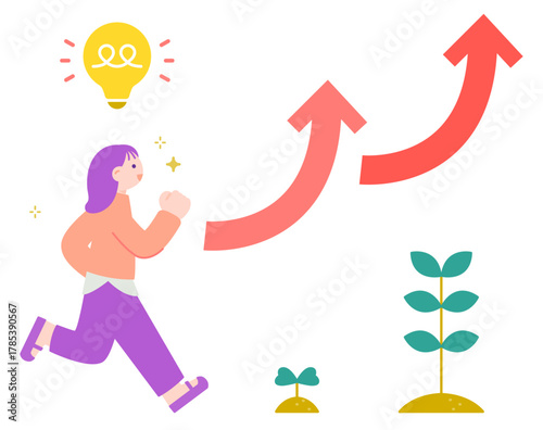 上向き矢印と走る女性　成長・転職・未来へのステップアップのイメージ