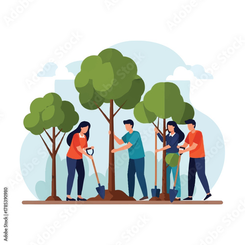 A team of dedicated volunteers working together to plant new trees for reforestation and environmental conservation