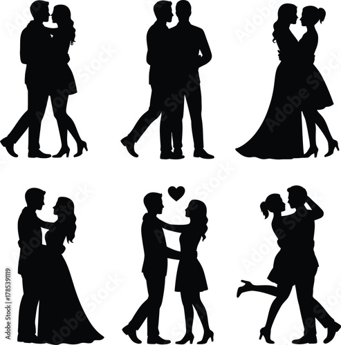 Couples embracing romantic poses love silhouettes