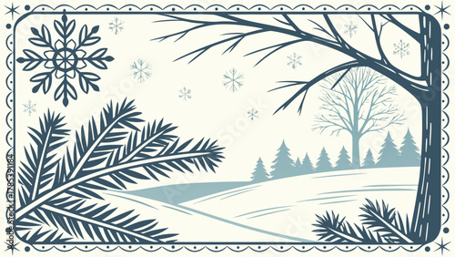 Winter scene with snowflake, evergreen branches, bare trees, and snow covered hills in frame design