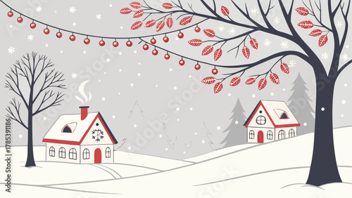 Winter scene with houses, trees, snow, and festive lights creating a holiday atmosphere image