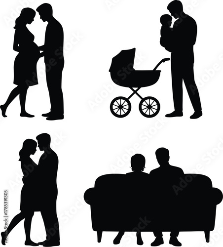 Family life scenes silhouette bundle couple pregnant woman