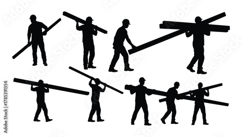 Construction workers carrying beams silhouette set isolated on white background, Vector