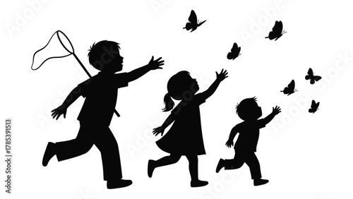 Children chasing butterflies silhouette isolated on white background, Vector