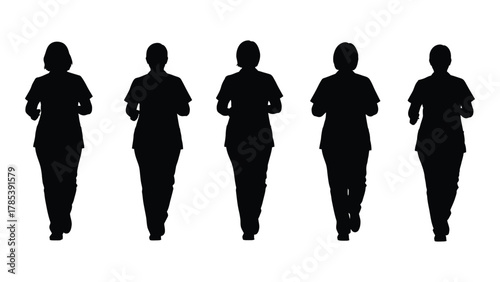 Five female figures walking silhouettes isolated on white background, Vector
