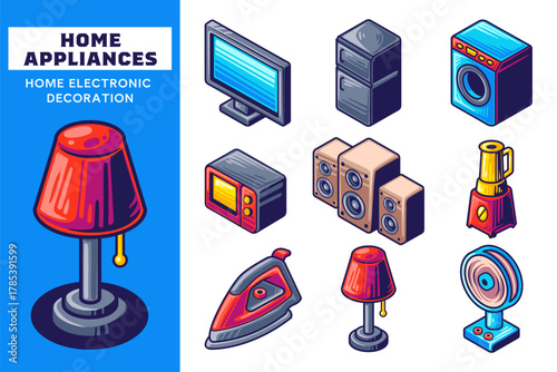 Home Appliances Electronics Collection. Electronic Device with tv, fridge, blender, washing machine, and lamp. Set Element for Electronics. Household Electronics in Cartoon Colorful Color