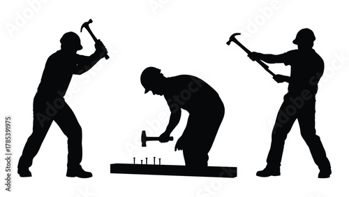 Construction workers with hammers silhouettes isolated on white background, Vector