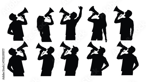 People with megaphones silhouettes isolated on white background, Vector