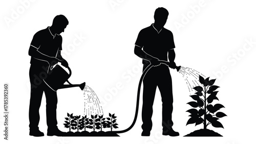 Silhouettes of men watering plants isolated on white background, Vector