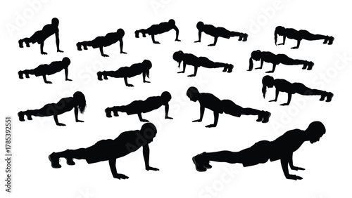 Push-up exercise silhouettes isolated on white background, Vector