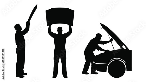 Automotive repair and car parts silhouettes isolated on white background, Vector