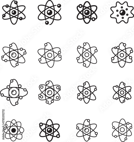 Atom Science doodle line art collection. Includes line art symbols atom, science, physics, molecule, electron and more. Isolated doodles. Atom doodle set. Minimalist doodles pack.