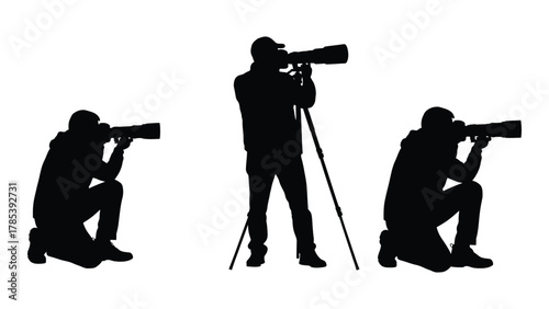 Photographers silhouettes with long lenses isolated on white background, Vector