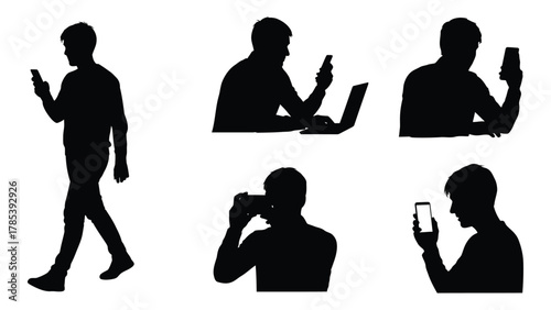 Silhouettes of people interacting with digital devices isolated on white background, Vector