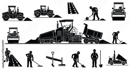 Road construction equipment and workers vector illustration set