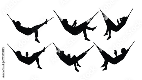 People relaxing in hammocks silhouettes isolated on white background, Vector