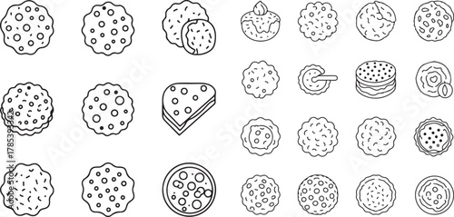 Assorted Line Art Icons of Cookies, Cakes, and Bakery Treats