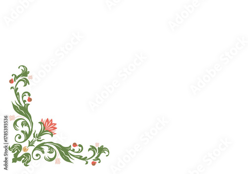 Colorful floral corner border with pink, yellow flowers and green leaves illustration