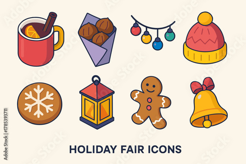 Festive Icon Set. Holiday Fair modern flat icon set: mulled wine mug, roasted chestnuts, string lights, knitted hat, snowflake cookie, lantern, gingerbread man, bell.
