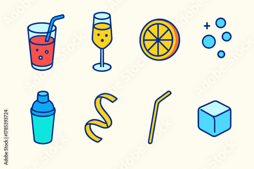 Vibrant Beverage Icons. Sparkling Drinks modern flat icon set: soda glass, champagne flute, fruit garnish, sparkling bubbles, cocktail shaker, lemon twist, straw, ice cube.