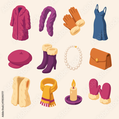 Elegant Fur Fashion Icons. Elegant Faux Fur Fashion modern flat icon set: long fur coat, fur stole, fur-trimmed gloves, satin dress, beret cap, heeled boots, pearl necklace,