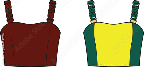 Braided strap crop top sketch, sleeveless fashion design, color-blocked panel, fitted silhouette, stylish summer wear, vector illustration, garment concept, trendy apparel, fashion drawing